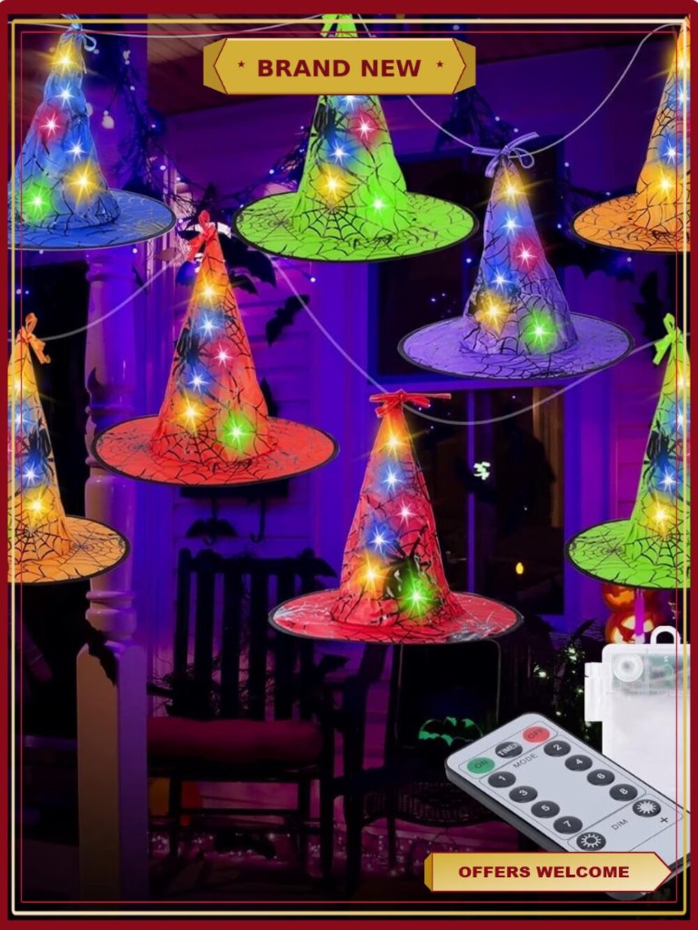 Halloween Witch Hat String Lights 8 Modes Waterproof Remote Timer Indoor Outdoor
